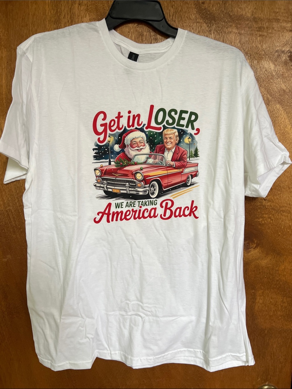 Gildan White Short Sleeve Graphic Tee with Red & Green Print